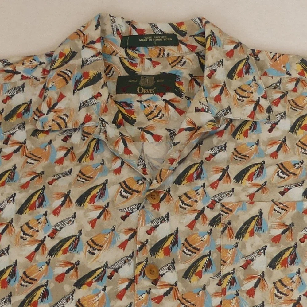 Orvis Fly Fishing All Over Print AOP Short‎ Sleeve Button Up Shirt Men's Large